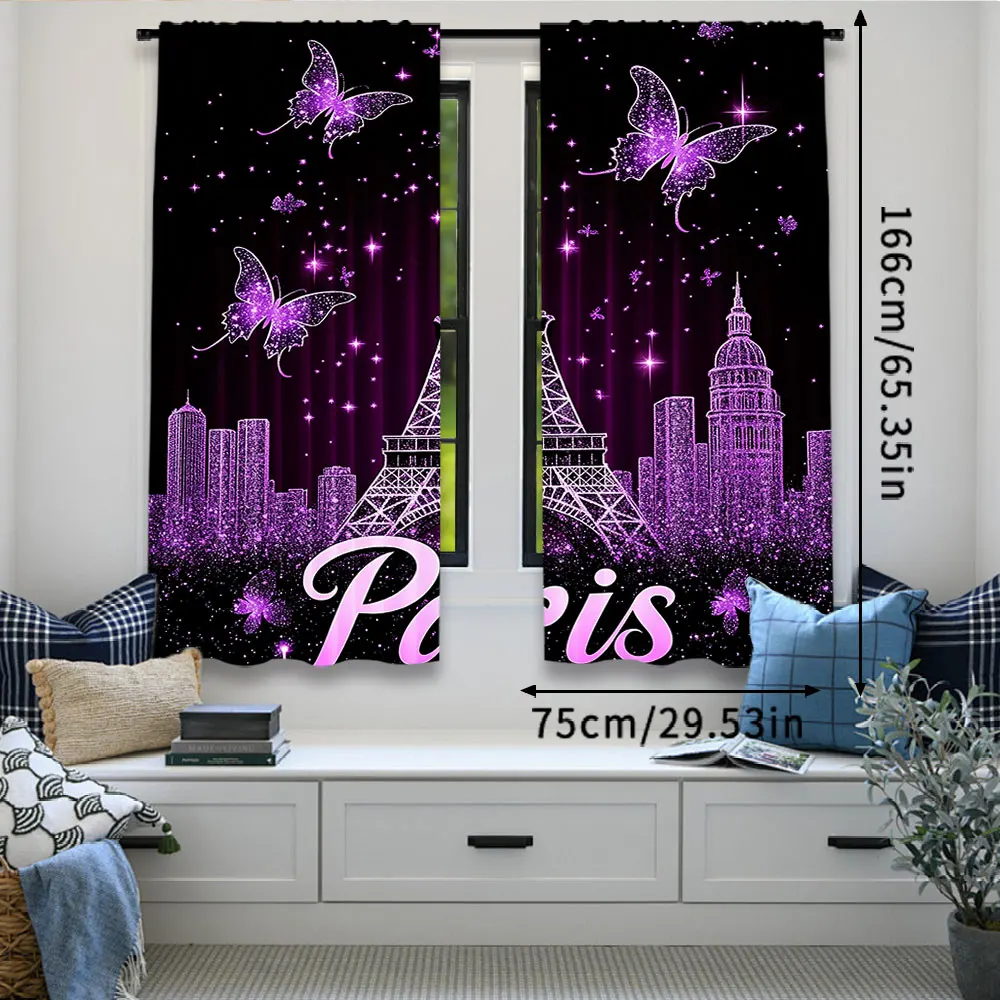 2Pcs Paris Eiffel Tower Curtains Curtains Adults Butterfly Florals Fashion Purple Romantic Suitable For Living Room Bedroom