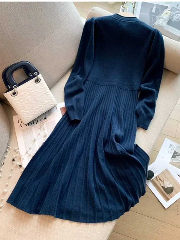 Fall Winter Solid Sweater Dress Fashion Retro O-neck Puff Sleeve Slim A-line Vestidos High Quality Single Breasted Knit Dress