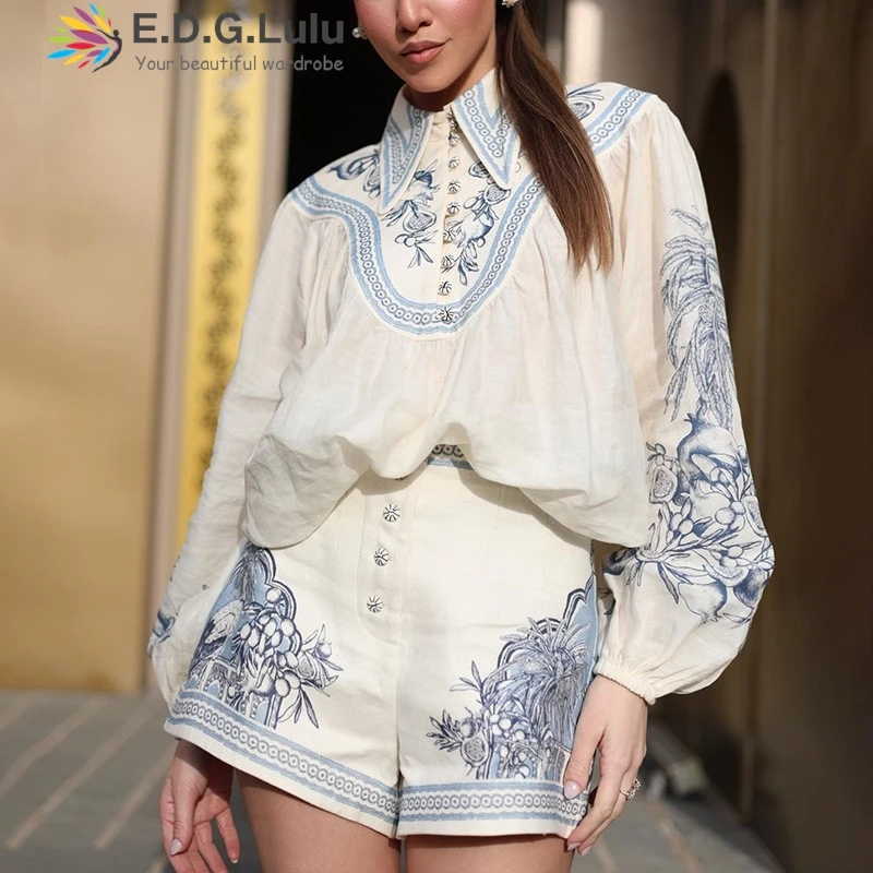 EDGLuLu Women' S Clothes 2 Piece Sets Turn-Down Collar Long Sleeves Blouse+Single Breasted Shorts Print Suit 0701