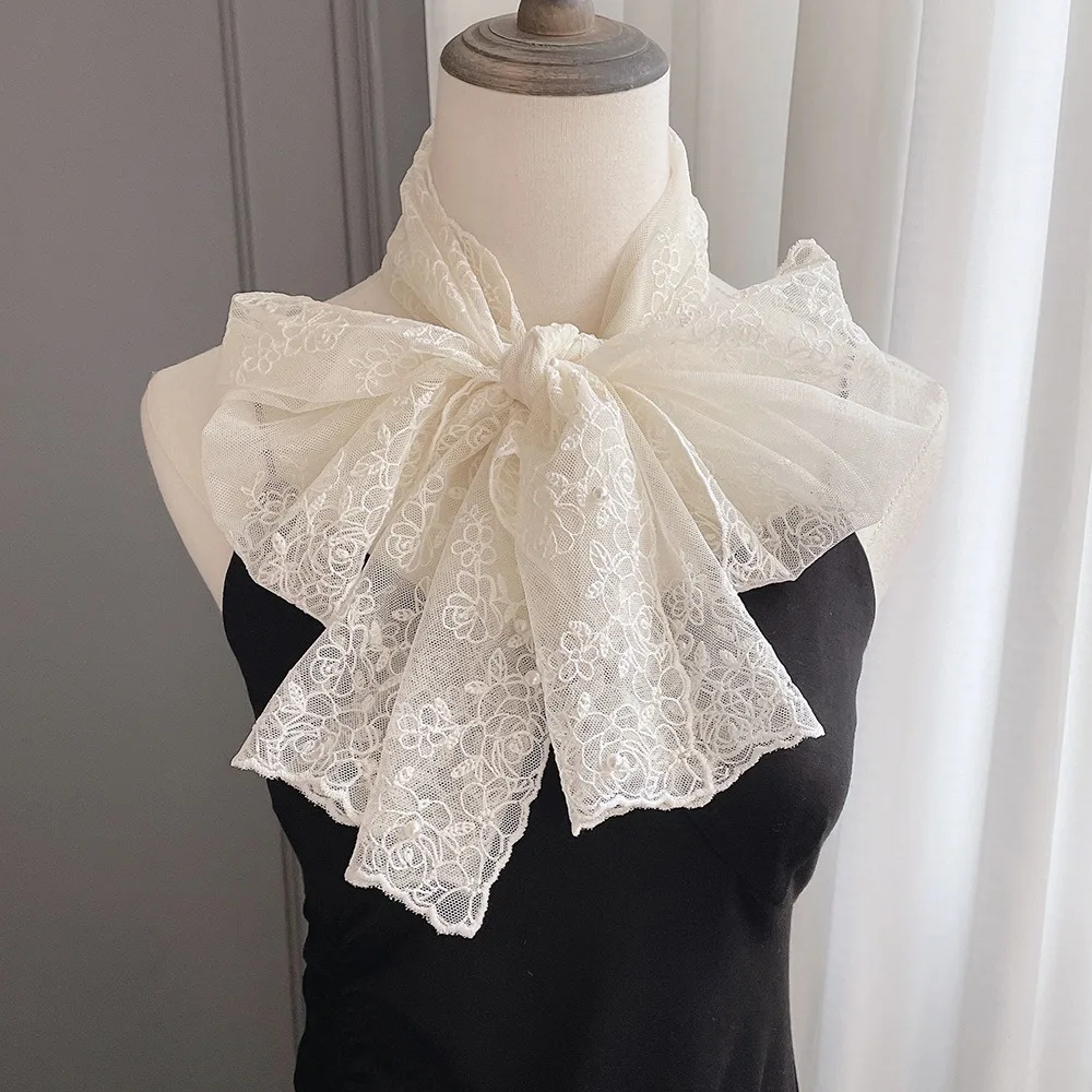 

Spring Summer Thin Silk Scarf 153x30cm Soft Small Long Scarf Embroidered Flower Pearl Decorative Women Lace Shawl