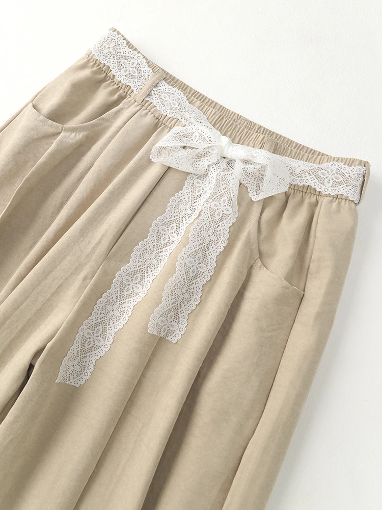 Koreanischen Stil frauen Breite Bein Hosen Sommer Hohe Taille Lose Bodenlangen Gerade Hosen mit Spitze Streamer Casual Hosen