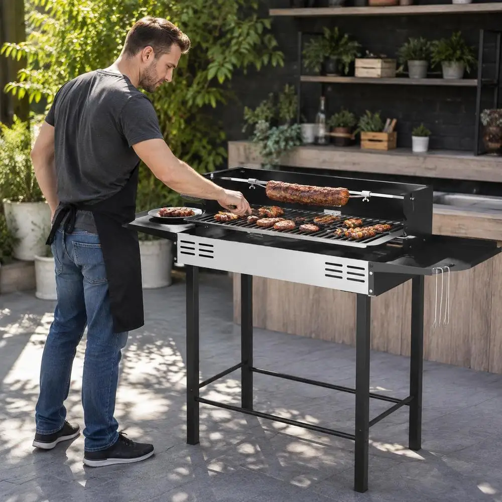 Camping-Grill 118 x 32 x 90 cm mit abnehmbarem Spieß und 3-fach höhenverstellbarem Grillrost für Grillgut, Hähnchen, Steaks, Würstchen, Meeresfrüchte und Gemüse, zum Kochen im Freien, Garten,