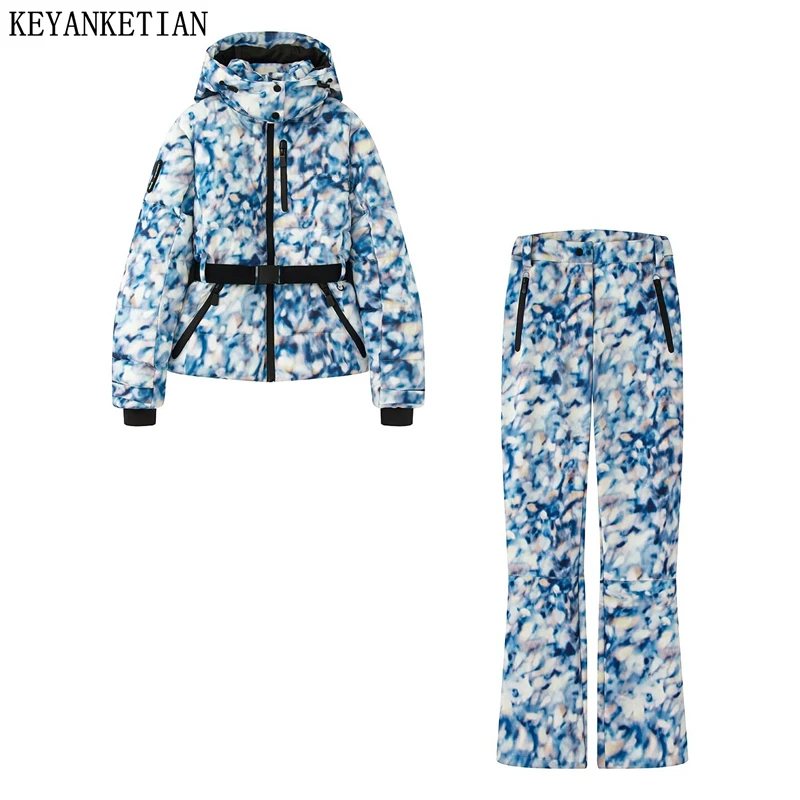 

KEYANKETIAN Winter New Women's Hooded Three-Dimensional Printed Zipper Decoration Belt Slim Fit Cotton Jacket Women Skiing Suit