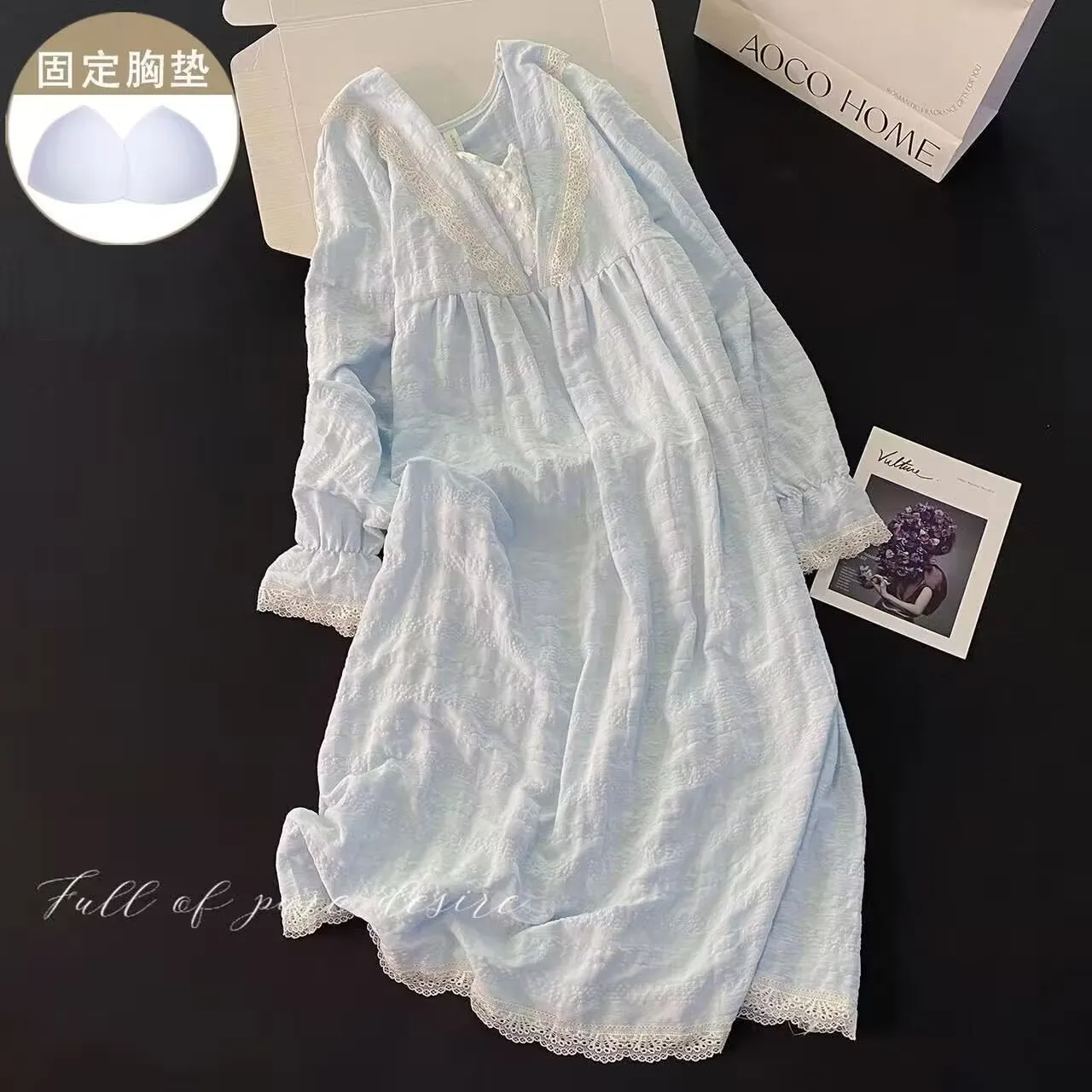 

Womens Nightgown Lace V-neck Long Sleeved Pajamas Winter