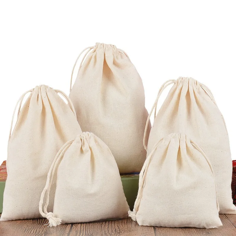 20pcs/lot Various Sizes Natural Cotton Bags Overlocked Drawstring Pouches Gift Packaging Bag 17x23 20x30 30x40cm Customize Logo