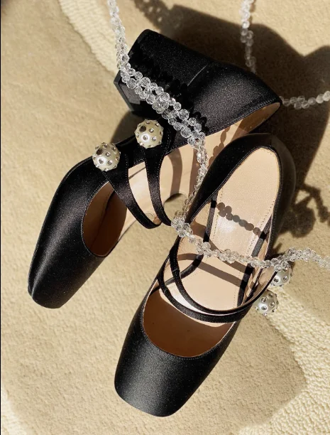 Square Toe Mary Janes Double Straps Rhinestone Ball Buckle Block High Heels Pumps Sweet Elegance Women\'s Party Outside Footwear