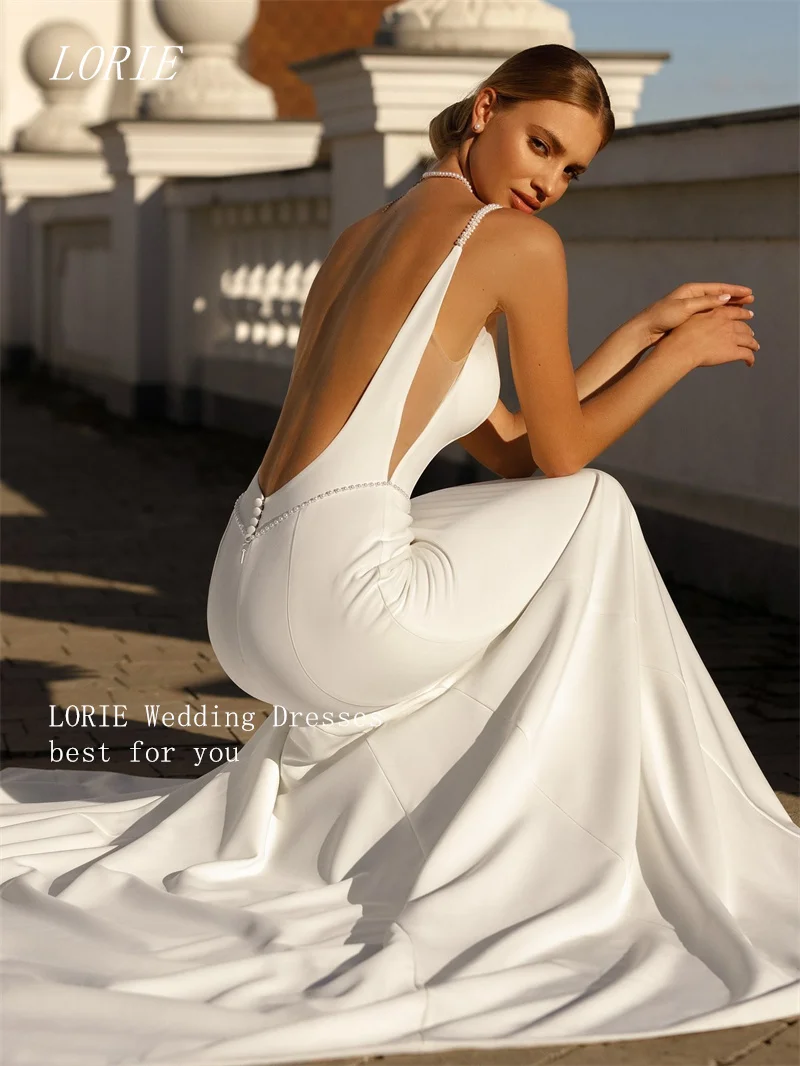 LORIE Satin Mermaid Wedding Dress Spaghetti Strap Backless Bridal Dresses V Neck Wedding Gown Customized 2026