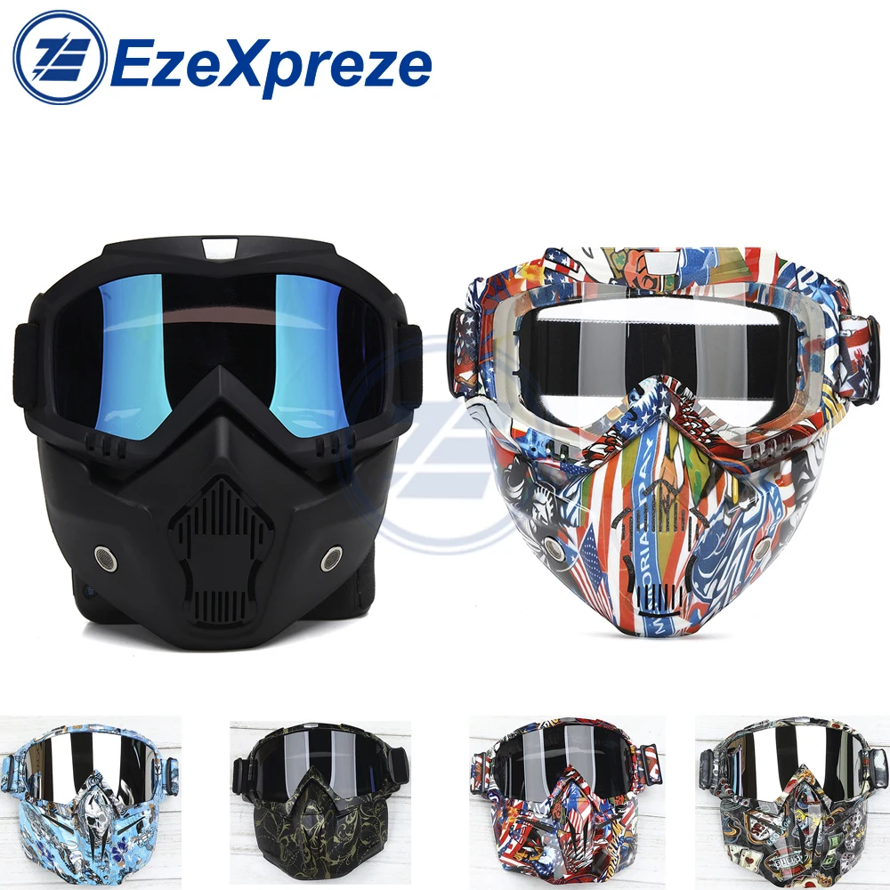 Ski Snowboard Motorcycle Windproof Cruiser Folding Goggles Glasses removable face mask cover For Biker Helmet with Mouth Filter