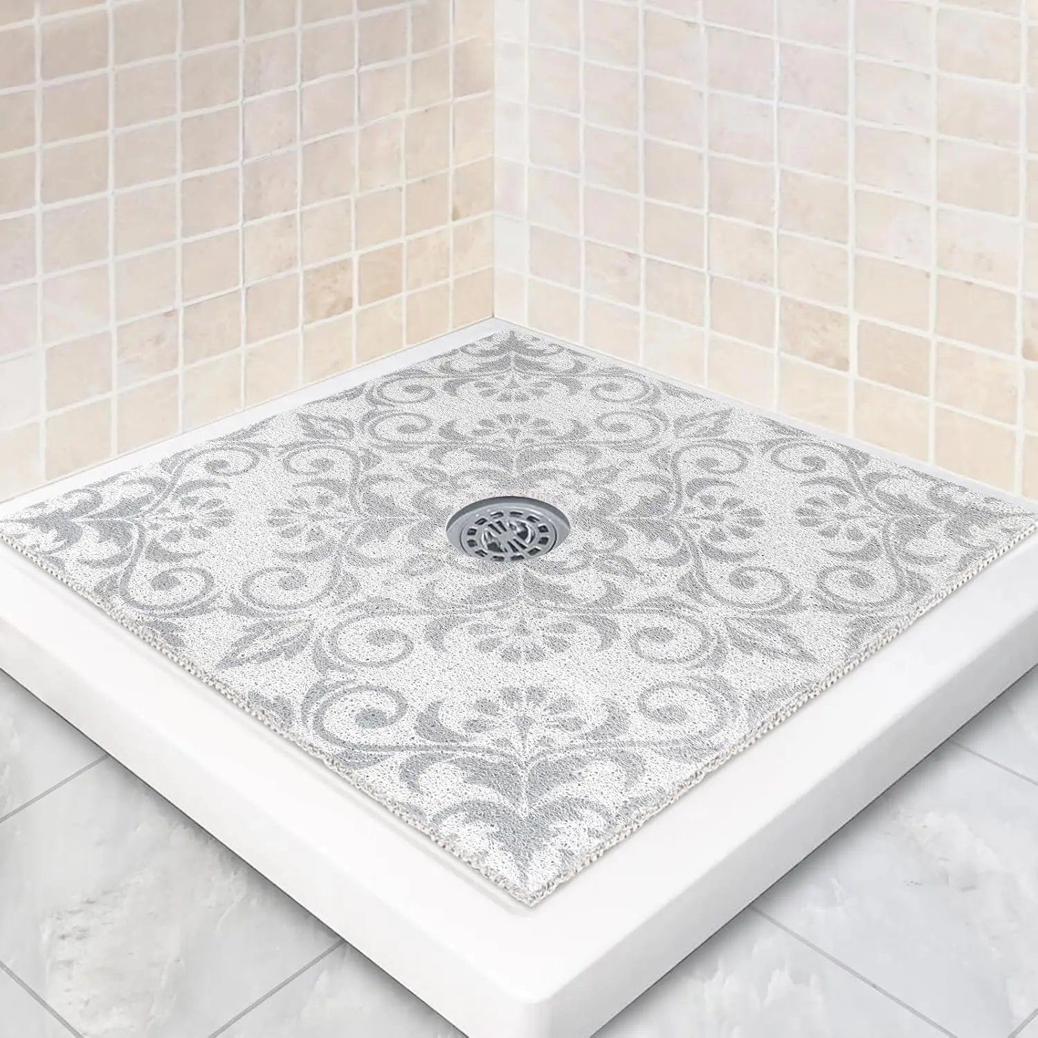 

Square Shower Mat Non Slip: 32 x 32 Inch Extra Large Shower Mats with Drain Hole in Middle - PVC Loofah Anti Slip Shower