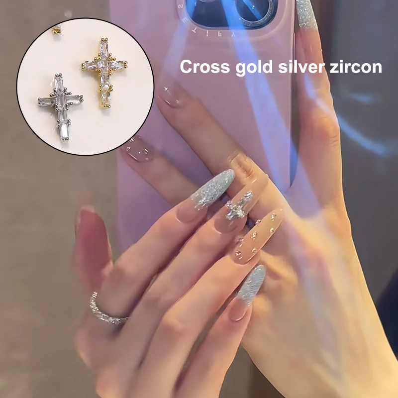 

1pcs Luxury Silver Gold Cross Nail Art Charms 3d Alloy Retro Glitter Zircon Cross Nail Rhinestones Diy Punk Manicure Accessories