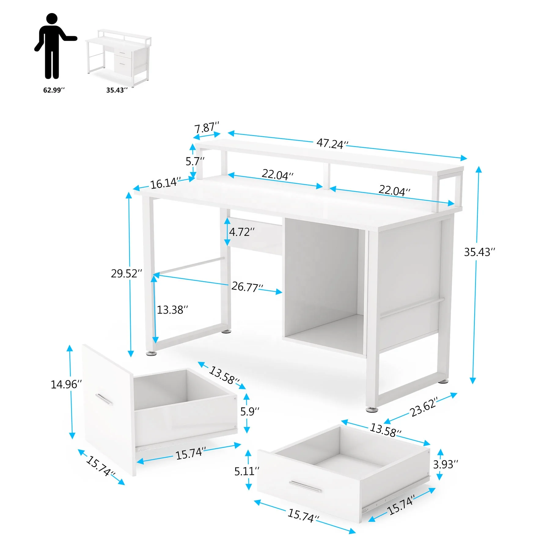 Tribesigns Ergonomic Studio Computer Desk with Hutch 2 Drawers Office Writing Desk PC Table Workstation Home Office Furniture