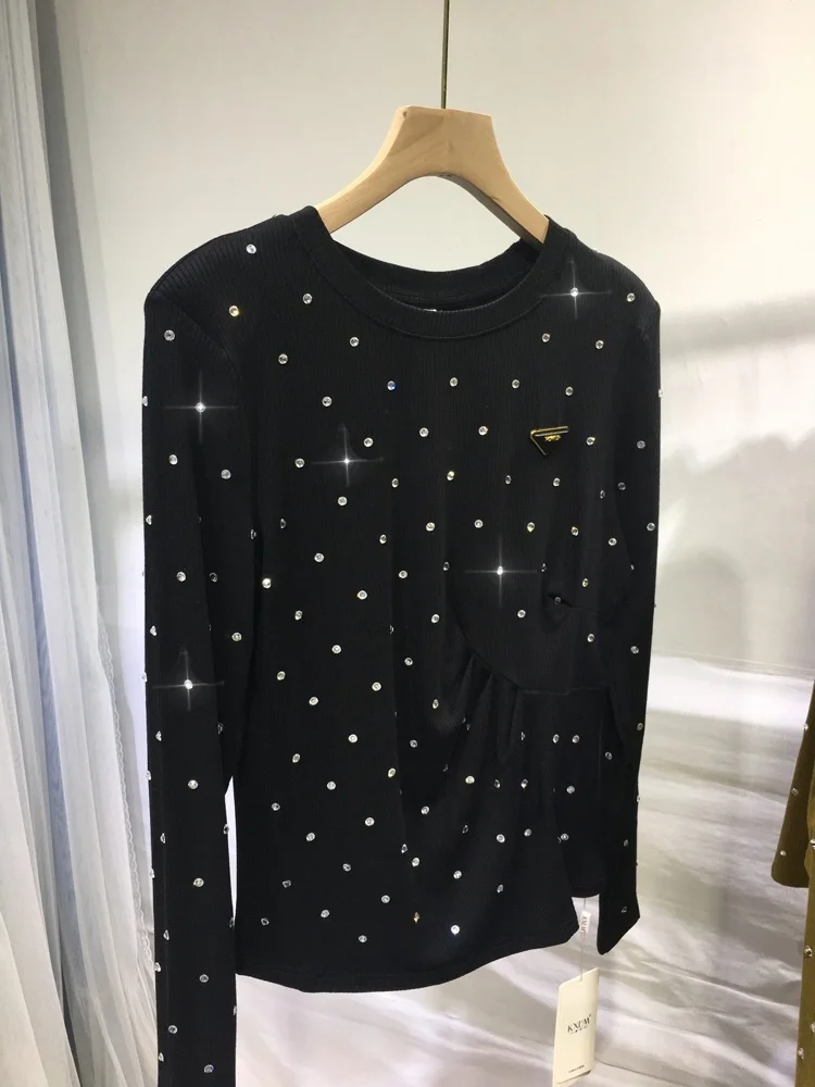 Cotton Diamond Gypsophila Long Sleeve T-shirt O-neck Autumn Winter Bottoming Top Large Size Solid Color Blingbling Black Tees