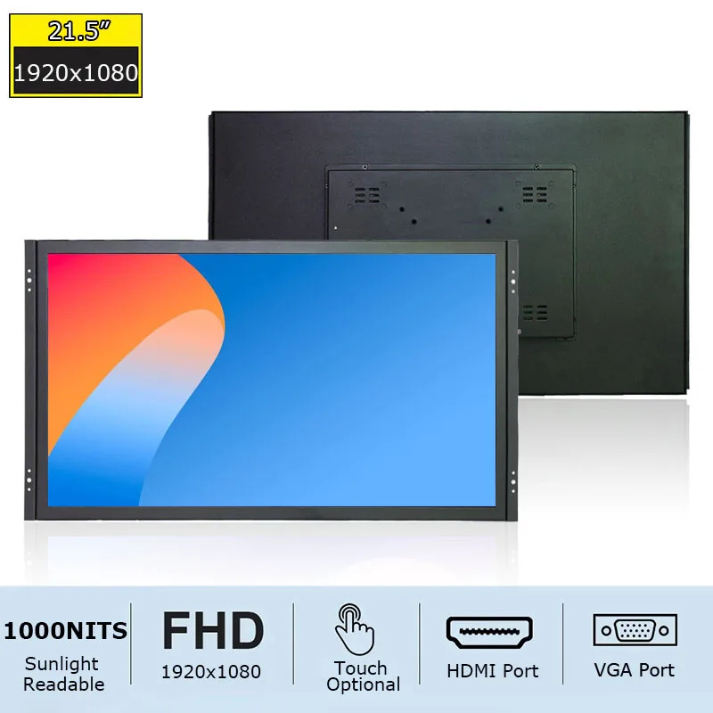 21.5 Inch Industrial LCD Monitor 1920x1080 Resolution 1000 Nits Brightness VGA DVI for HDMI USB Interfaces Resistive/Capacitive