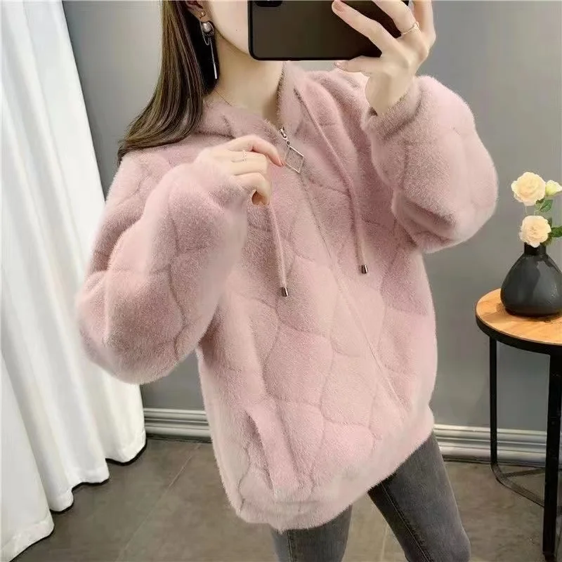 Autumn Winter Fashion LooseThickened Hooded Imitation mink Velvet Jacket 2024 New Women Knitted Cardigan Female Tops Outerwear