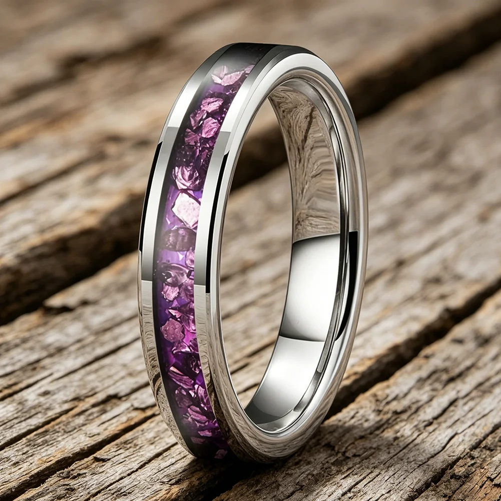 4mm Wolframringe mit Lila Edelstein-Einlage, Modeschmuck, Verlobungs- und Eheringe für Männer und Frauen, Poliert Glänzend, Komfortabler Sitz – Detail 12