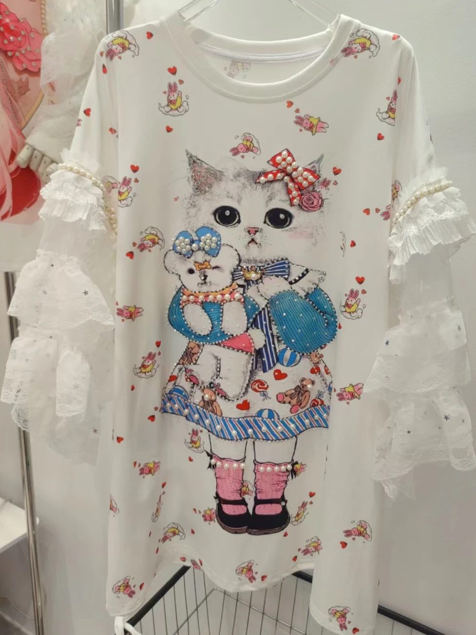 Korean New Peter Pan Collar Cute Cartoon Lace Sleeve T-shirt Women 2024 Summer Heavy Industry Beads Printed Fashion Tops