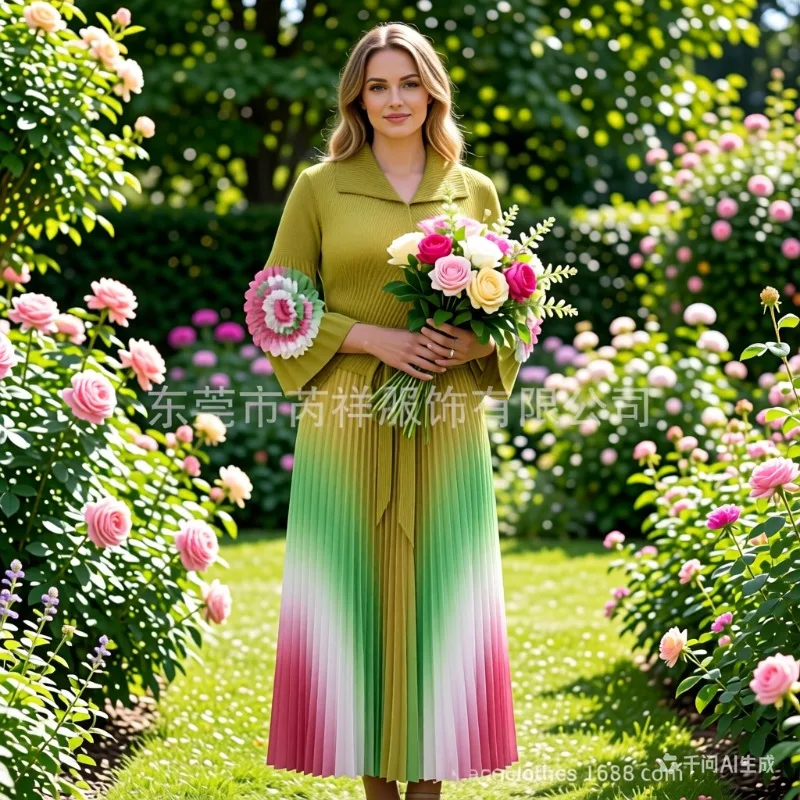 

Плиссированное платье Miyake 2026: Новинка Весны, Свободный крой, Большие размеры, Цветочный принт, Длинный рукав, Завязки на талии, Градиентный цвет, Элегантное плиссированное платье