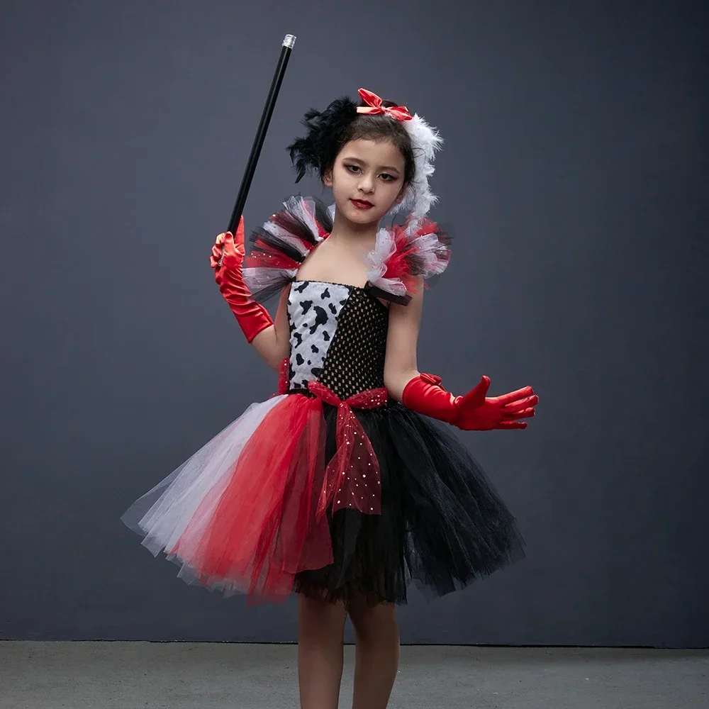 Tutu Dress for 101 dalmata Villain Halloween Costume Kids Vintage Polka Dots Cosplay Fancy Dresses