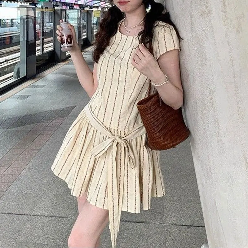 

Sweet Stylish Bandage Bow Fresh Dresses Women's Clothing Round Neck Summer Short Sleeve Korean Broken Flowers Striped Mini Dress