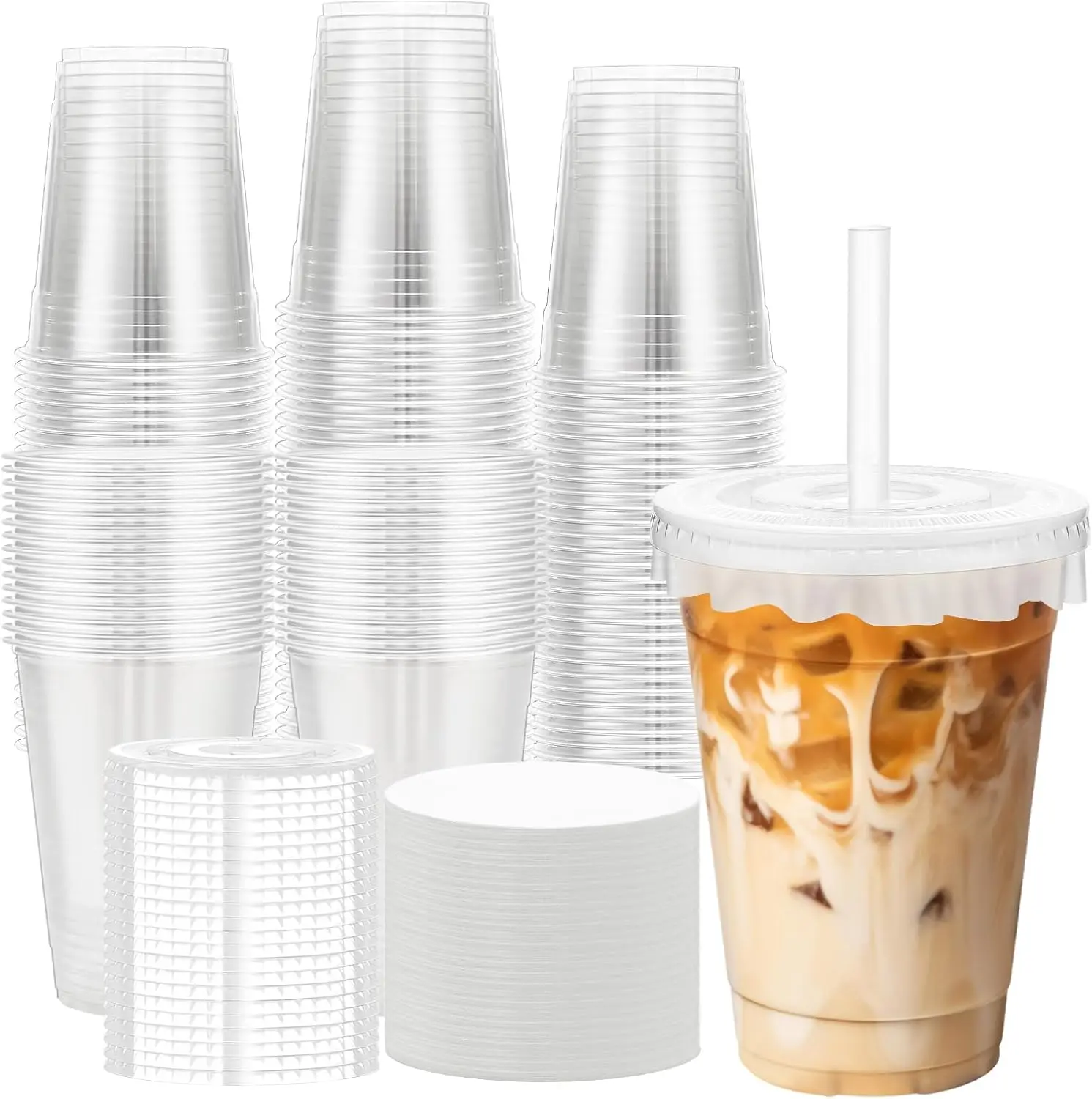 

100 Pack 16 oz Disposable Cups with Lids and Straws, Plastic Coffee Cups Iced Smoothie Cup with Lids and Paper Lid Liner