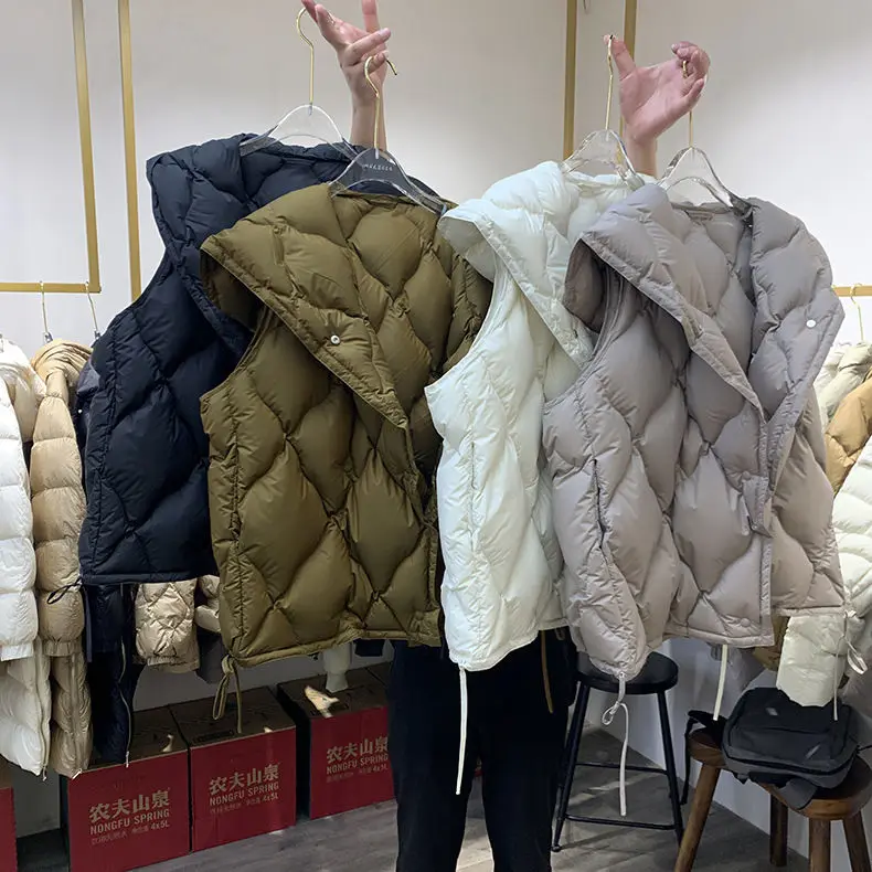 Thickened White Duck down Puffer Vest Soft Cozy Winter Jacket Commute Style with Pocket Polyester Fiber Hooded Regular Length