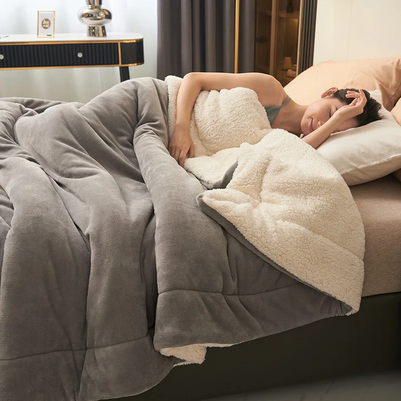 

Double Layer Thickened Warm Milk Fleece Blanket Soft Lamb Velvet Solid Color Winter Throw Cozy Bed Sofa Dorm Multi Purpose Home