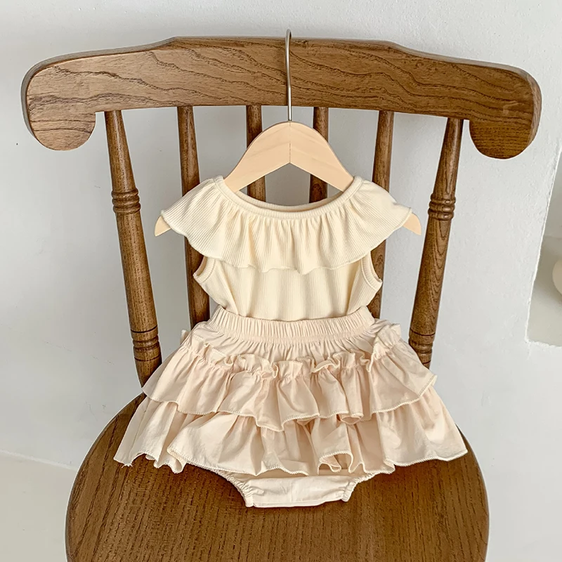 2024 Summer Baby Clothing Set Girls Sweet Ruffle Sleeve Camisole And Shorts 2 PCs Girls Suit Pure Color Fashion Infant Outfit