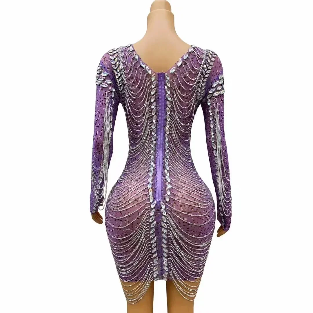 Sexy Purple AB Rhinestones Long Sleeves Dress Sexy Transparent Stretch Crystals Chains Birthday Dance Party Collections Gowns