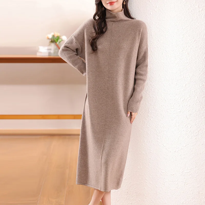 Curling Turtleneck Wide Version Overknee Dress Stylish Sense 24 Autumn and Winter New Wool Ladies Dress