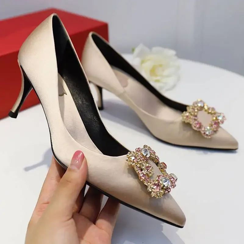 Luxury Rhinestone Pointed Toe Women Pumps Elegant Crystal Wedding Bridal Shoes Satin Silk Square Button Design Mules High Heels