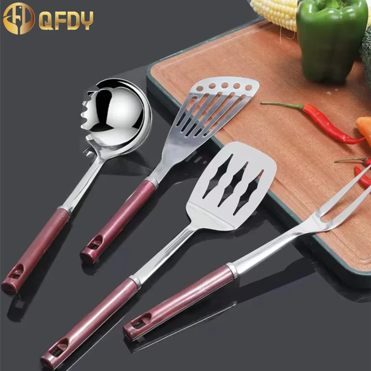 

Korean red wine handle kitchenware set 7-piece soup spoon noodle spoon Kitchen cooking spoon shovel 7-piece set