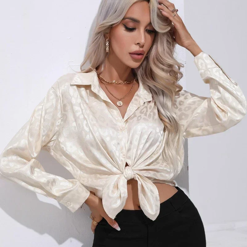 2024 Fashion New Autumn Long Sleeve Women Shirts Leopard Print Satin Blouses Vintage Office Lady Elegant Casual Silk Tops