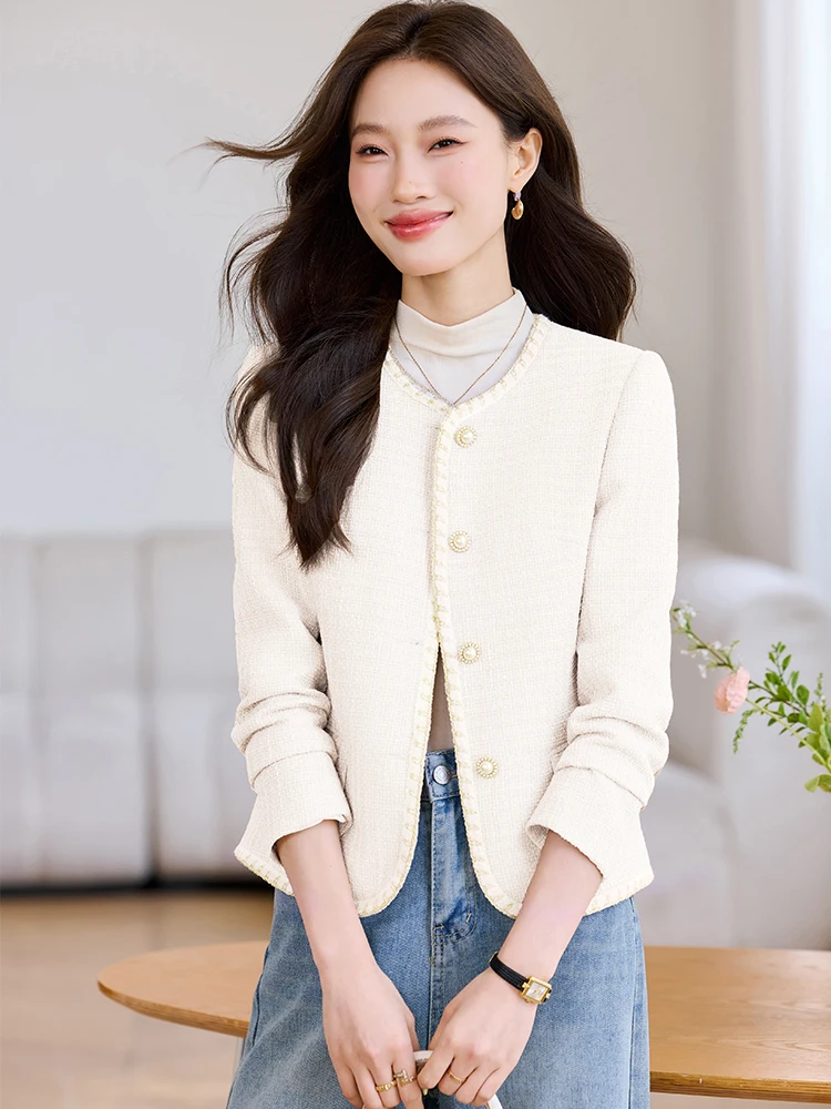 Giacca da donna alla moda da donna color albicocca, kaki, blu, con scollo a O, giacca casual da donna