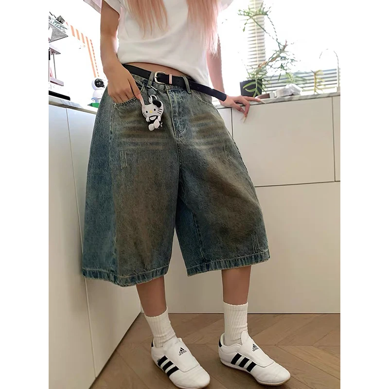 

ZHIZOU Women's Denim Shorts Vintage Knee Length Jean Shorts Streetwear Korean Oversize Cowboy Short Pants 2000s Clothes Summer