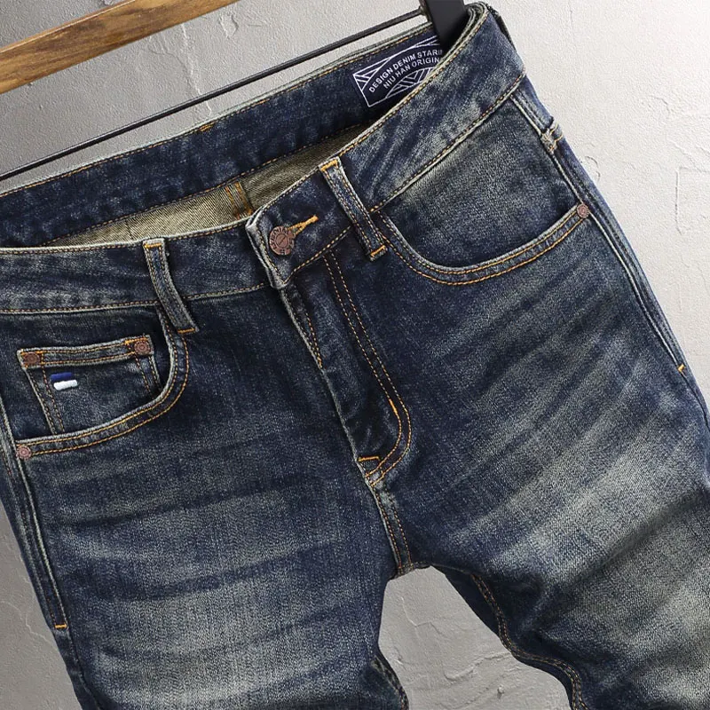 Fashion Designer Men Jeans High Quality Retro Washed Blue Elastic Stretch Slim Fit Ripped Jeans Men Vintage Casual Denim Pants