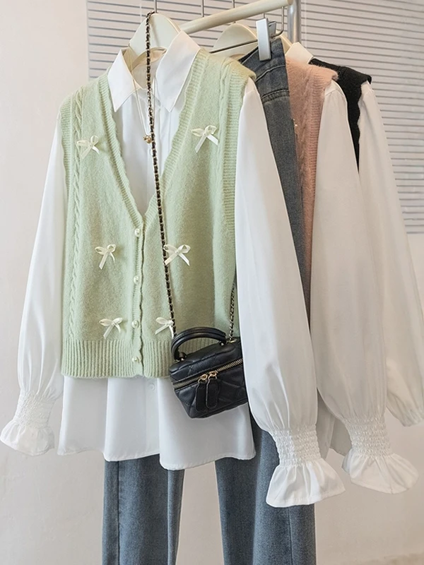 Chic Spring Autumn Knitted Sweater Set with  Knot for Women Fashionable plus Size MM White Shirt Two Piece Set