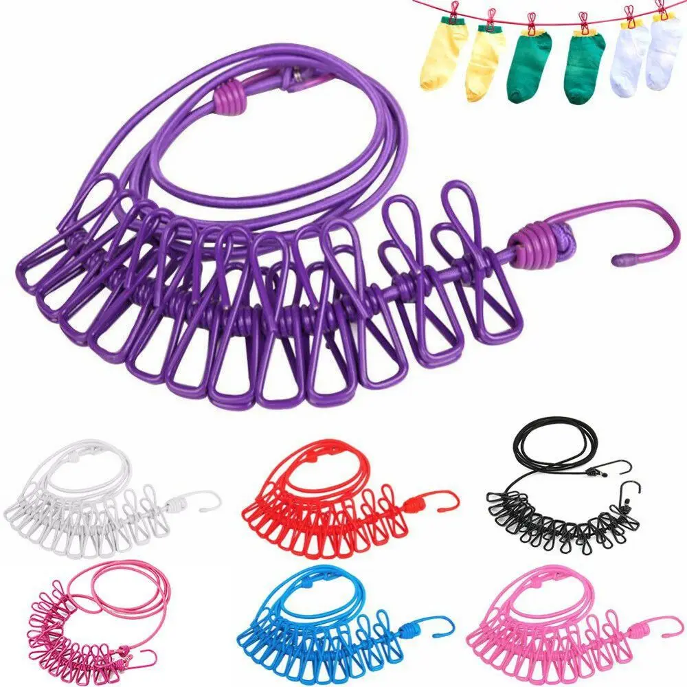 

1Pcs New With 12 Clips Clothing Clothesline Retractable Windproof Cloth Hanging Line Portable Elastic Drying Rack For Outdoor