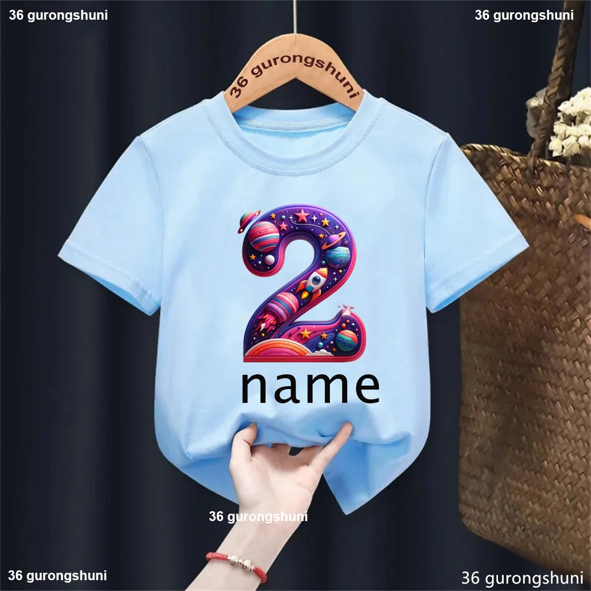 Kawaii Kids Clothes Custom Name 2th Birthday Gift Printed T Shirt Girls/Boys Astronaut Spacecraft Planet Tshirt Solid T-Shirt