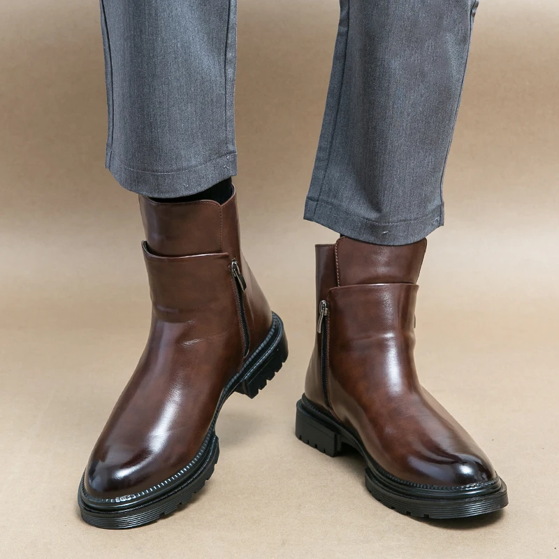 Round Toe Shoes Men\'s High Top Footwear Classic Retro Leather Chelsea Boots Side Zipper Fashion Ankle Boots Male Business Shoes
