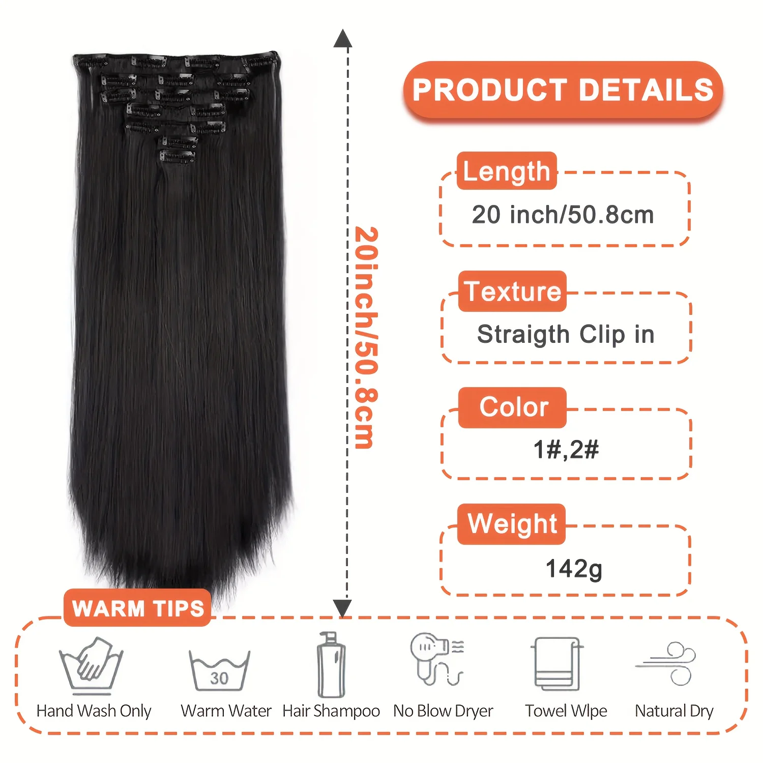 Synthetic Natural Black Clip in Extensions Straight 20
