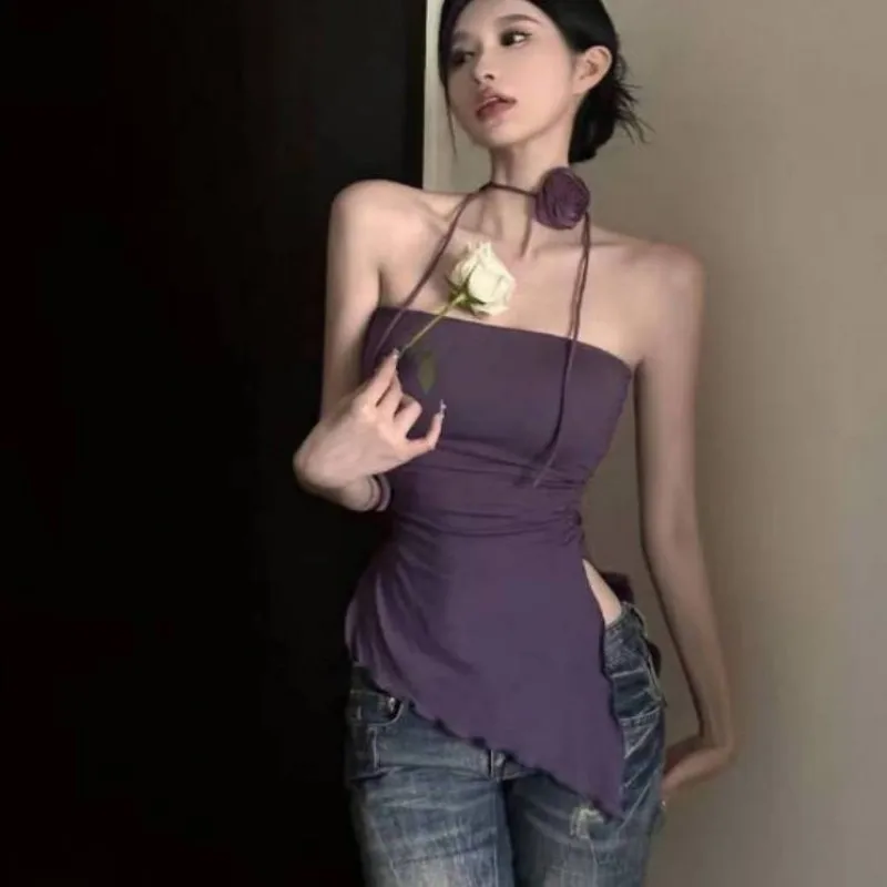 Women Purple Tube Cami Top Dopamine Style Sweet Spicy Slim Fit Fashion All Match Inner Wear & Outwear Tops Streetwear Stylish