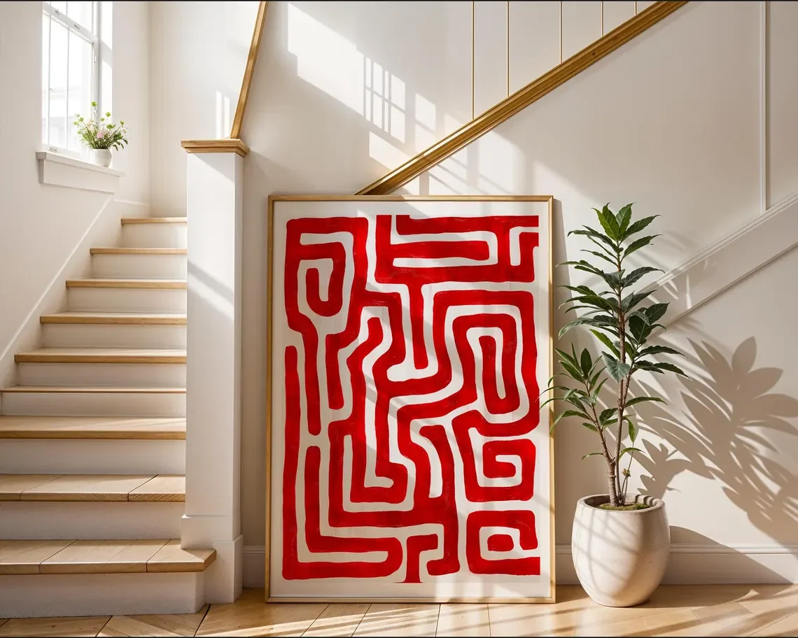 The Cherry Red Maze Large Wall Art | Maximalist Print Living Room Wall Decor | Trendy Poster | Abstract Digital Painting | Digit