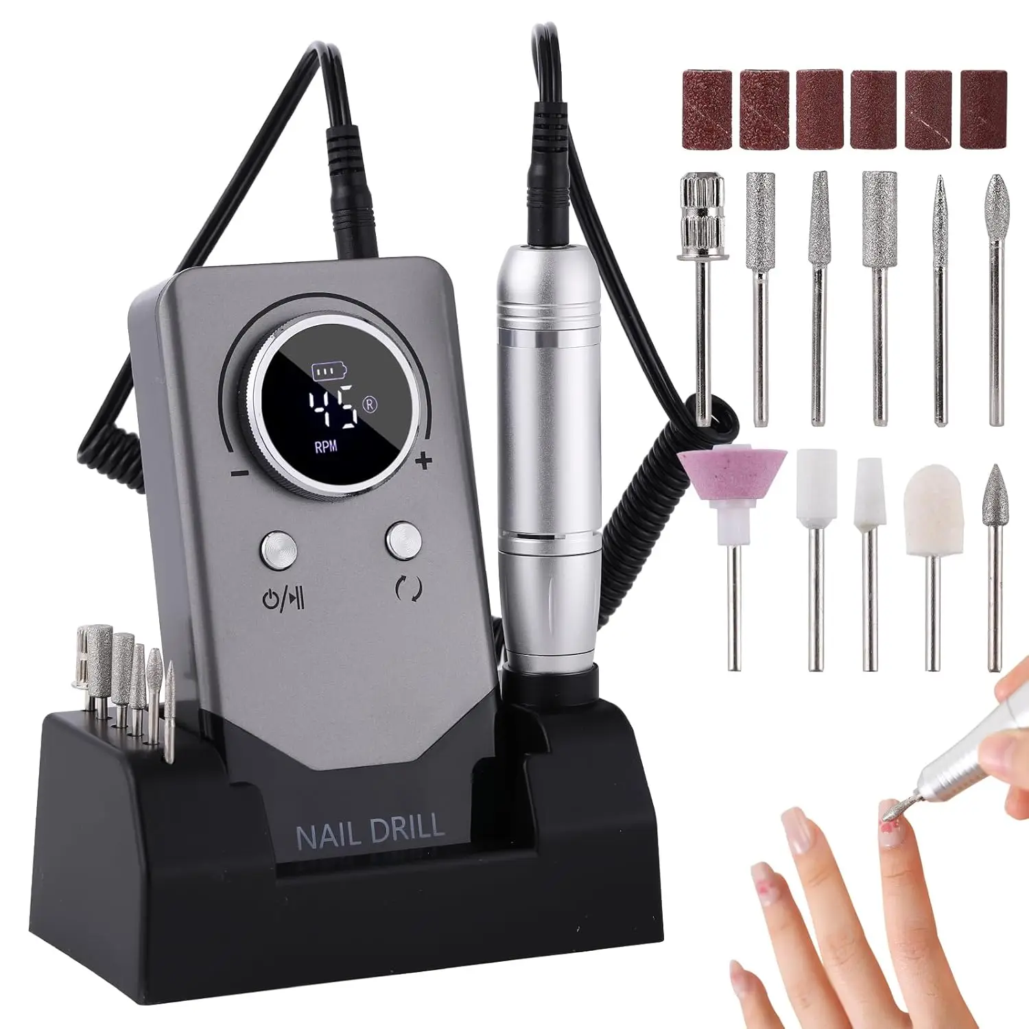 

Электрическая дрель для ногтей 45000 об/мин, перезаряжаемая, портативная, с ЖК-экраном, для гель-маникюра, педикюра, набор для самостоятельного использования, серая