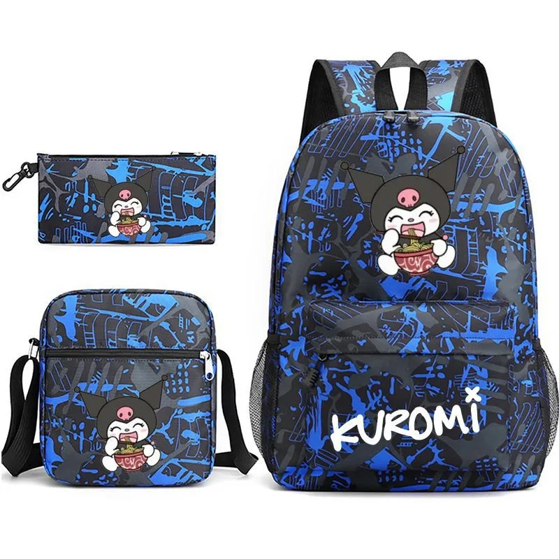 Sanrio Kuromi ransel kartun lucu, tas tiga potong tas segar kecil tempat pensil selempang tiga potong tas makan siang kapasitas besar