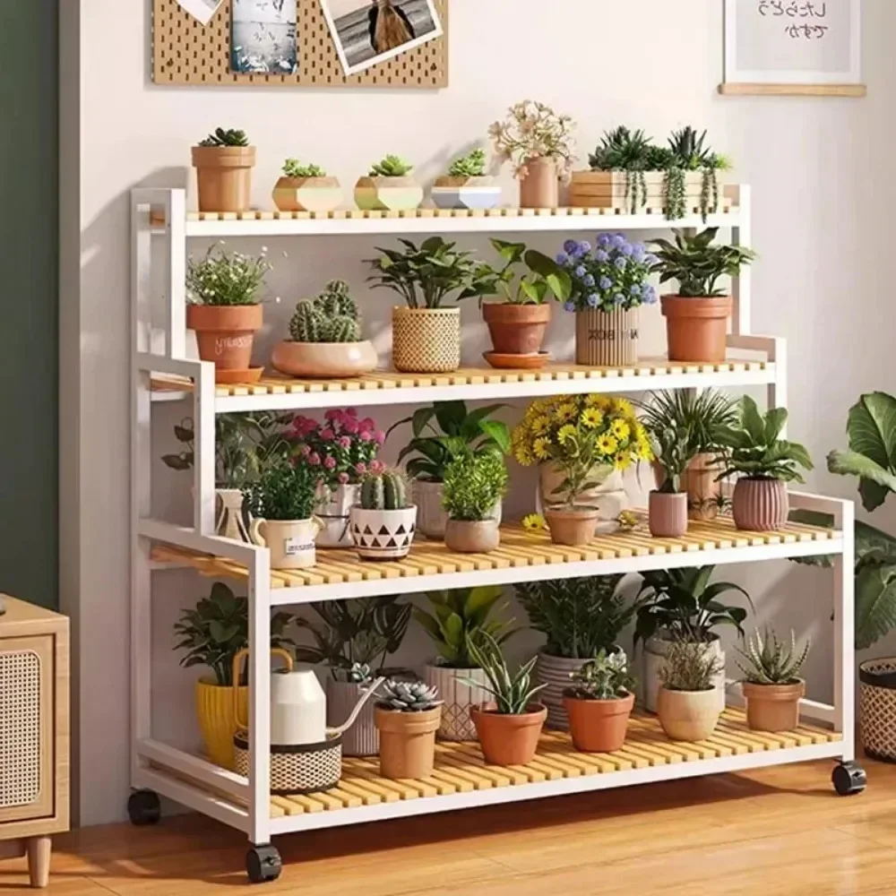 Estante de flores multicapa con ruedas, estantes de almacenamiento de pie para suelo, estante para sala de estar para balcón interior y exterior, soporte Simple para plantas