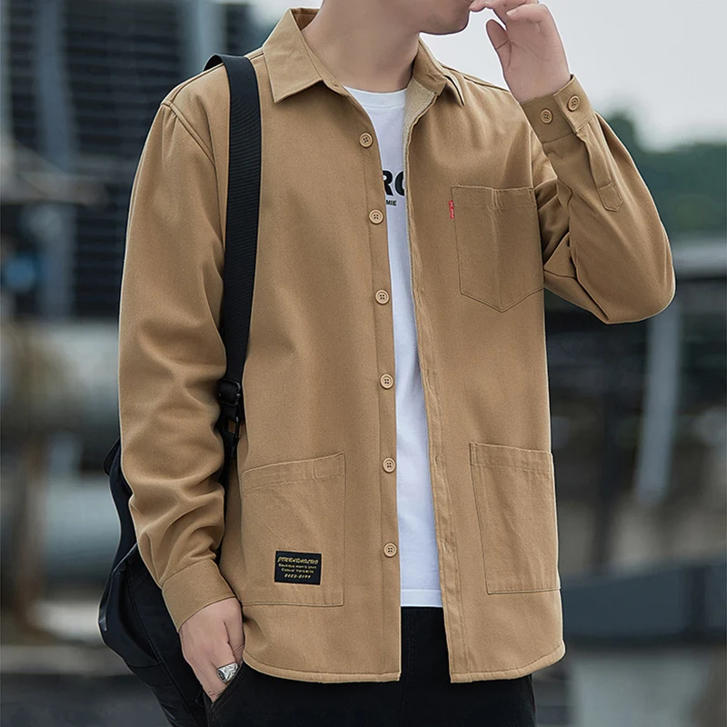 Spring Autumn New Men Shirts Jacket Casual Pocket Single Breaste Shirts Coat Casual Warm Thicken Plus Fleece Outerwear Shirt Man