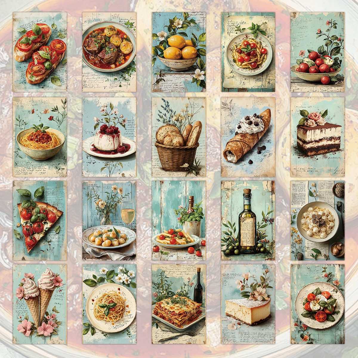 20pcs Vintage Food Wall Art Postcards,Italian Cuisine Themed,Aesthetic Blue Style For Scrapbook,Kitchen Decor,Collage Art Cards