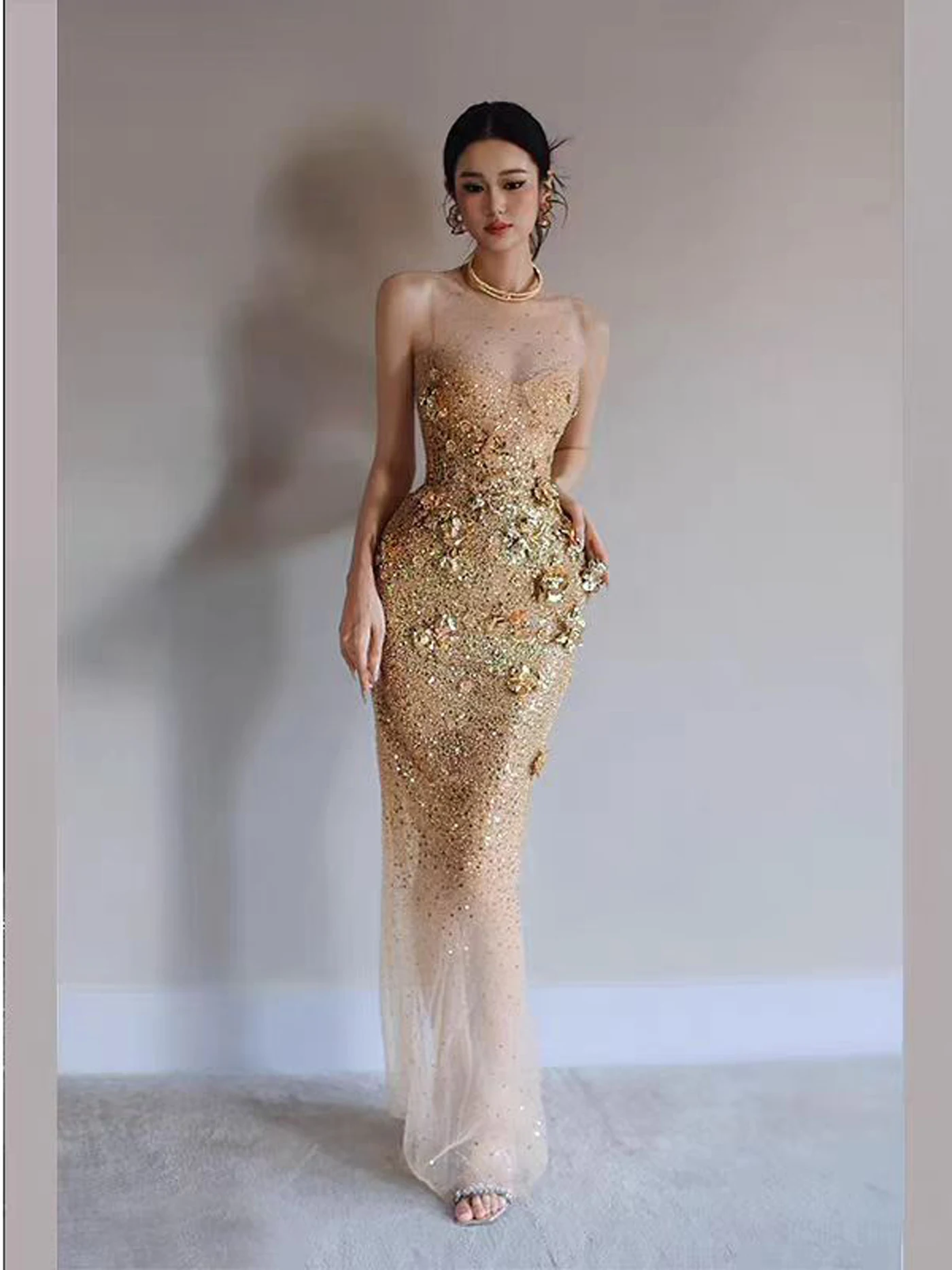 

gold evening gown with a stunning sense of sophistication for women, engagement dress, toast dress, birthday party dress