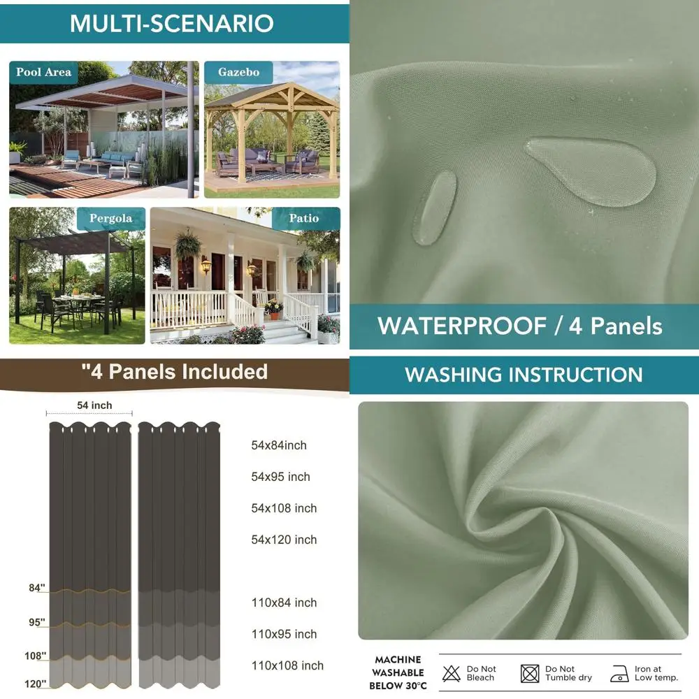 

Водонепроницаемые 4-панельные уличные шторы Sage Green, 54x84 дюймов, ветрозащитные и атмосферостойкие, для патио, беседки и многого другого