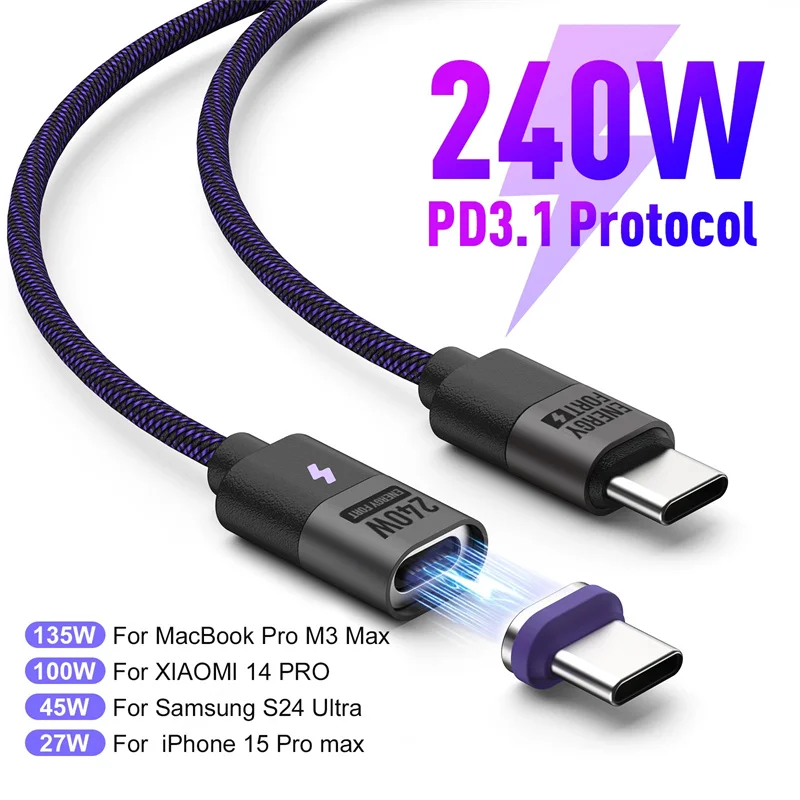 

240W Magnetic USB Type C Cable 5A Fast Charging Cord PD 3.1USB C to USB C Charging Wire Cord for Huawei Samsung iPhone 16 Pro
